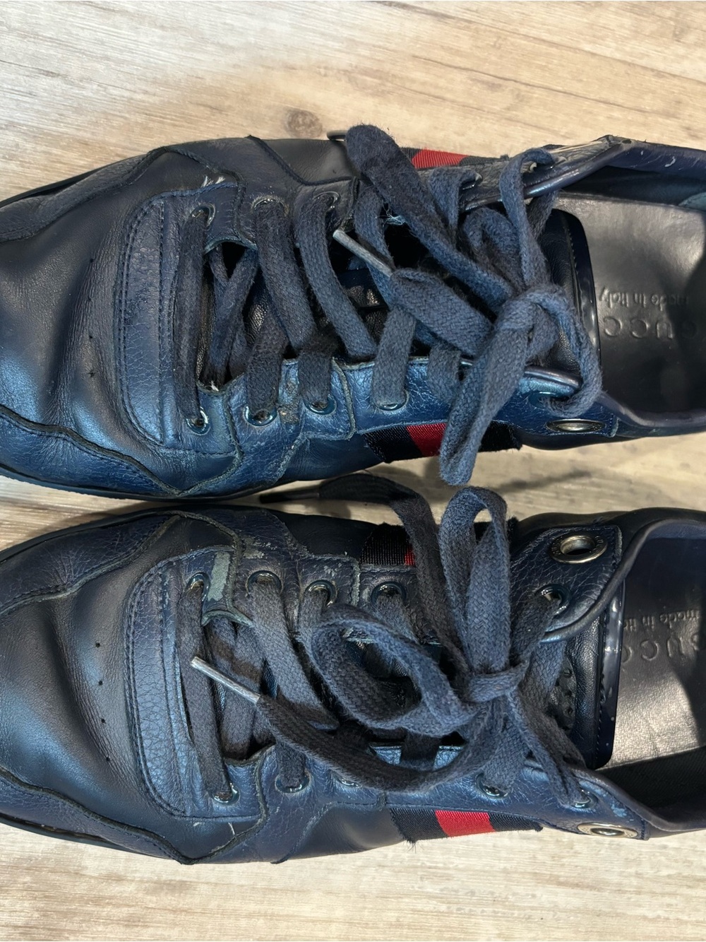 Gucci Navy Leather Sneakers with Red Stripe Accent